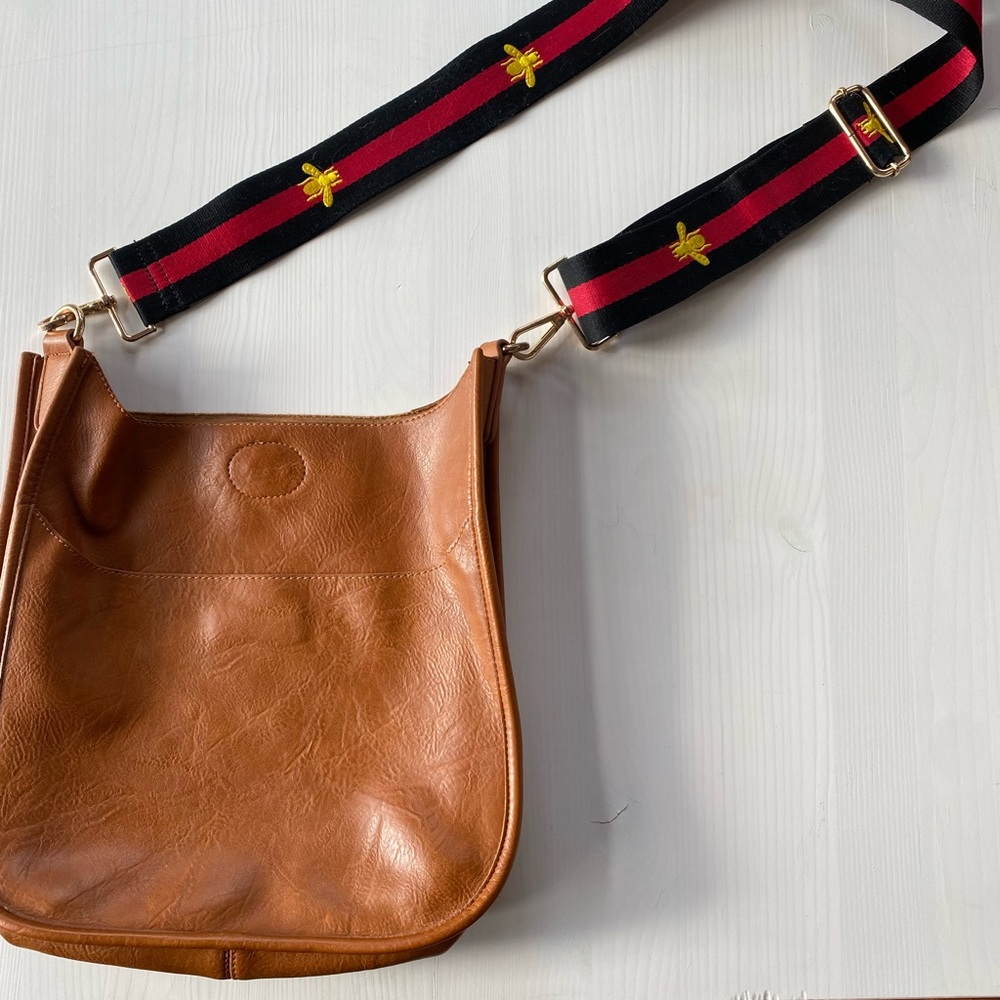 Brown Leather Crossbody Bag with Black and Red Strap